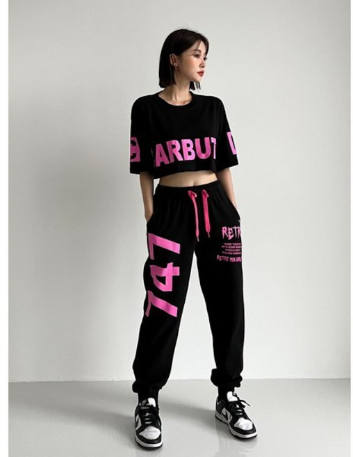 여성힙합스트릿줌바댄스복트레이닝상하세트영문로고나염프린트크롭반팔티밴딩9부조거바지배기편한고무줄바지팬츠운동복추리닝하의 스우파스걸파걸스힙합방송에어로빅복다이어트댄스커버댄스플라이투더댄스