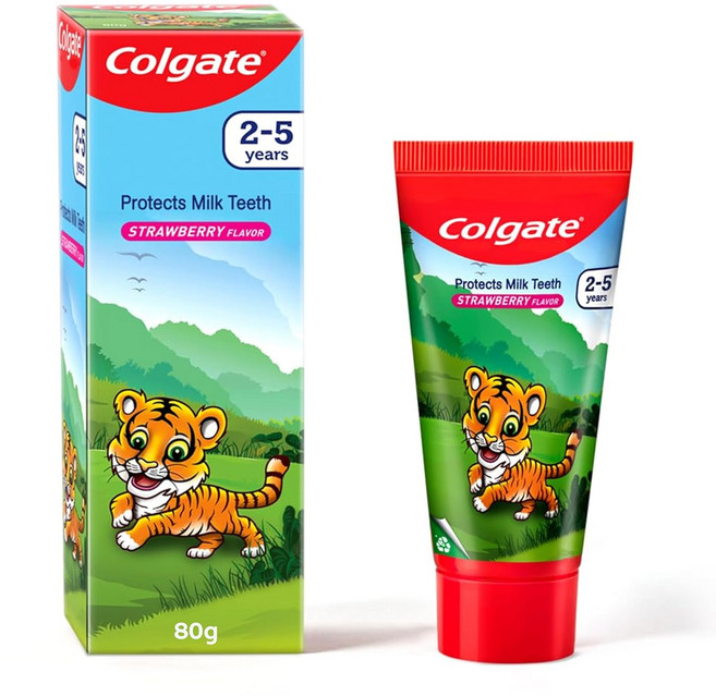 Colgate 아이들이 좋아하는 콜게이트 키즈 타이거 칫솔놀이 딸기맛 치약 80g, 1개