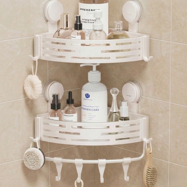 라이프뮤앤문 초초강력 떨어지지않는 진공흡착 무타공 욕실선반 코너형, 2개, 밀크 화이트