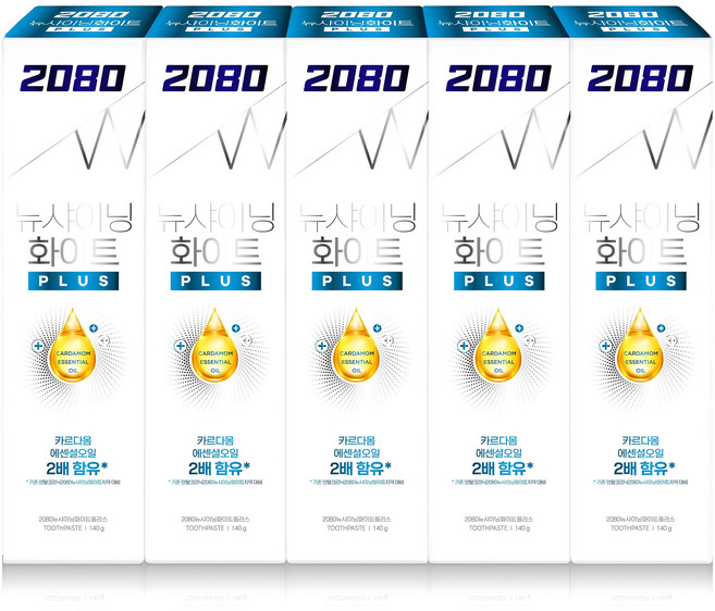 2080 뉴샤이닝 화이트 플러스 치약, 140g, 5개