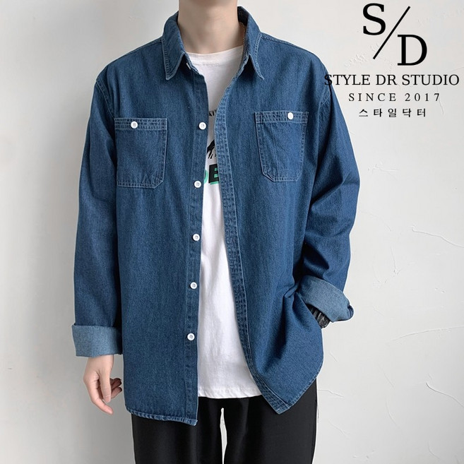 스타일닥터 남성 데님셔츠 오버핏 워싱 청남방 투포켓 긴팔 루즈핏 자켓 캐주얼 데님 코트