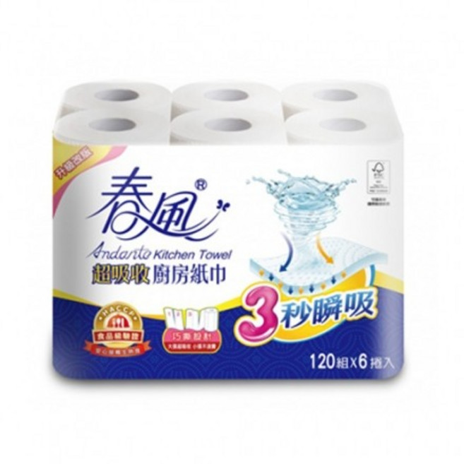 春風 超吸收廚房紙巾 120抽x6捲, 詳見包裝, 詳見包裝