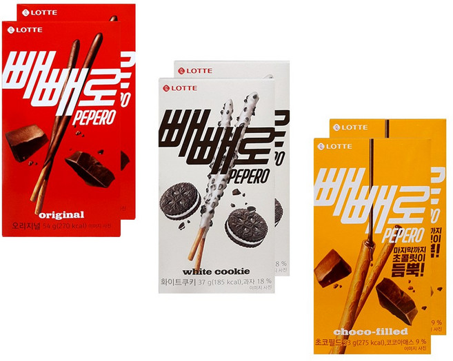 롯데웰푸드 빼빼로 3종 2개씩 (초코 오리지널54g+화이트쿠키37g+초코필드53g), 1개