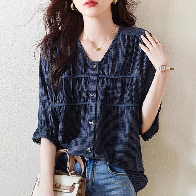 휠렉스 여성 여름 오버핏 브이넥 단추 5부 블라우스 JT13