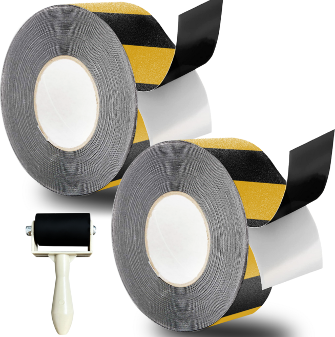 폭 5cm x 길이 10M 미끄럼방지 테이프 욕실 계단바닥 안전 + 롤러 무료 증정, 검정 + 노랑, 2개