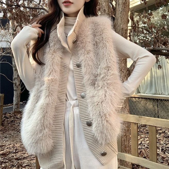 여성용 가을 겨울 하이넥 니트 베스트 루즈핏 민소매 밍크라이크 조끼