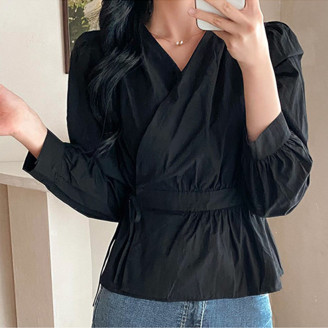 라라홀리 청순 브이넥 랩스타일 허리 리본 셔링 긴팔 블라우스