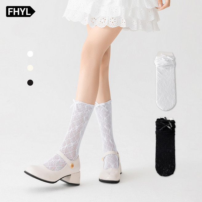 리본 프릴 레이스 원근법 봄과 여름 일반 활 레이스 스타킹 2 쌍