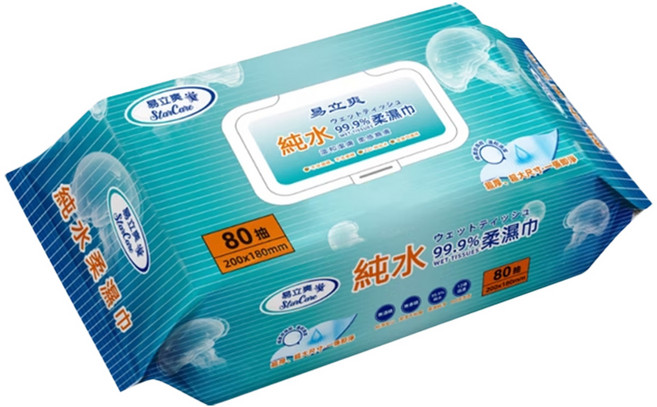 易立淨 純水濕巾 99.9% 柔膚濕巾 80抽 20x18cm, 2箱, 12個裝, 80g