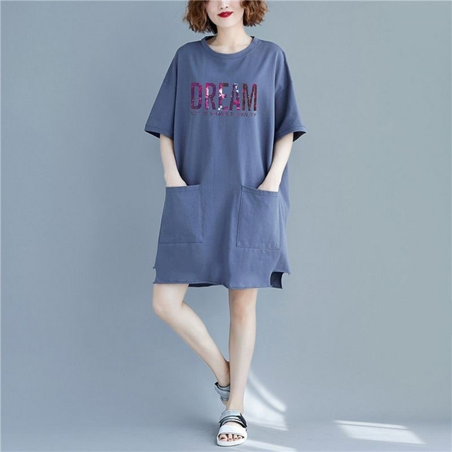 寬鬆顯瘦短袖T恤裙女 中長版洋裝 夏季大尺碼連身裙, A 109 藍色,XL【建議65-75公斤】