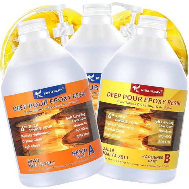 KHKD RESIN Deep Pour 에폭시 수지 - 2.7kg(96온스) 키트 크리스탈 클리어 4배 황변 방지 셀프 레벨링 무독성 식품 안전 DIY 바 탑 표면 코트, 3 gallon