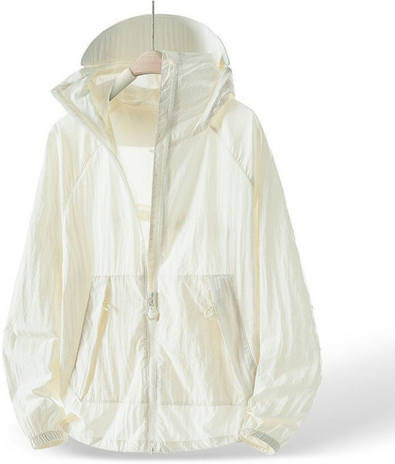 AOKADA 남녀공용 쿨링 아이스 후드 집업 자외선차단 바람막이 냉감 윈드브레이커, 아이보리