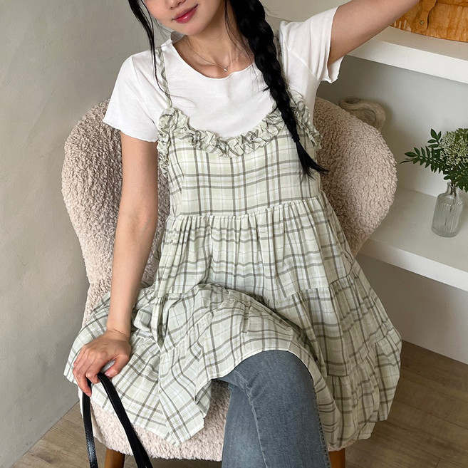 [디아미뇽] 에블린 프릴 체크 끈 나시 뷔스티에 원피스 물결 반팔티 세트