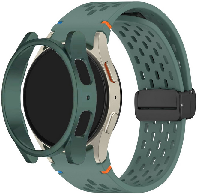 미소피아 갤럭시워치 7 6 5 4 호환 D버클 마그네틱 에어홀 타공 실리콘 스포츠밴드 케이스 세트 시계줄, 워치7 44mm, 딥그린세트, 1개