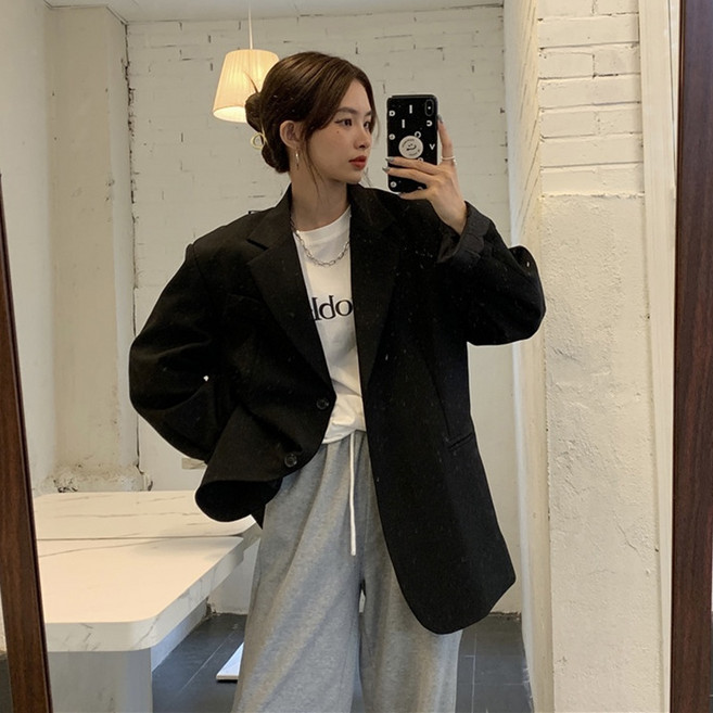 春秋韓版2022新款寬鬆中長款百搭長袖西裝外套女裝