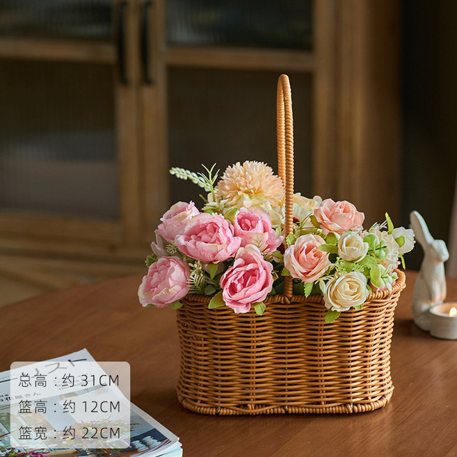 手工草編花籃 田園風客廳裝飾擺件插花籃, 1件, 吉祥玫繡球玫瑰捲心玫和棕色手提花籃:1