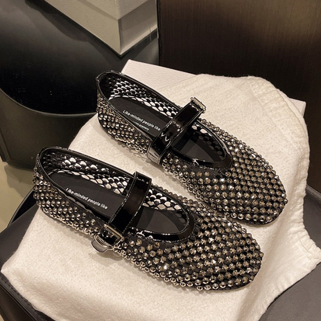 haitua여성 여름 편한 슈즈 보석 장식이 메쉬 플랫 1cm