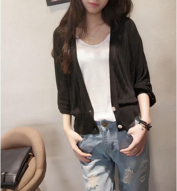 燈籠袖坑條空調衫 針織衫 防曬開衫 薄外套 針織開衫 小外套 外搭 針織上衣 坑條顯瘦