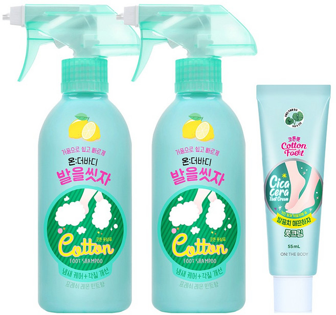 온더바디 코튼풋 발을 씻자 풋샴푸 레몬민트향 385ml x 2개 + 풋 크림 55ml, 1개