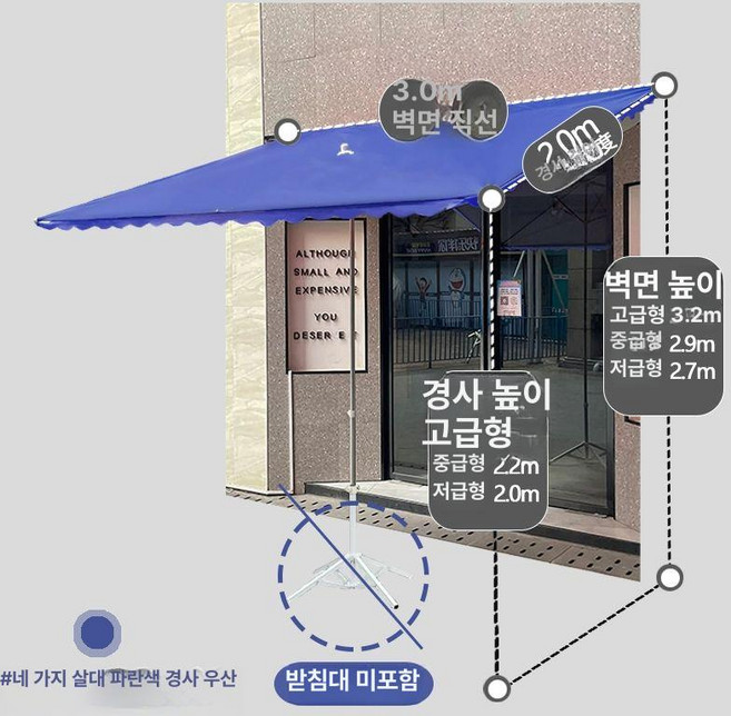 하프파라솔 벽면 사이드 방수 파라솔 직사각형 경사용 우산 옥상 카페, 파란색 두꺼운 3x2 4골