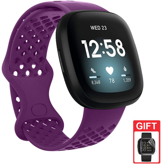 適用於 Fitbit Versa 3 / Versa 4 / Sense / Sense 2 矽膠透氣替換錶帶 腕帶, 深紫,S, 1個
