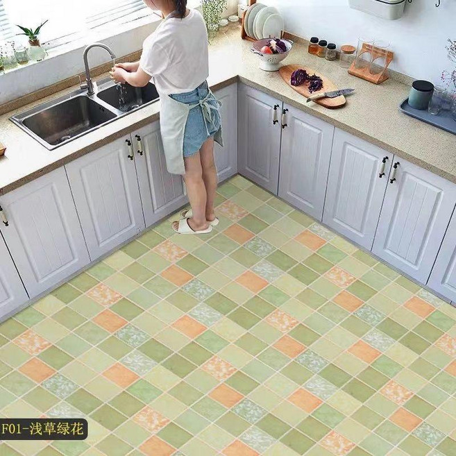 自粘地板貼 防水防滑 廚房浴室適用 加厚耐磨 居家裝飾 F09 方格紋, 北歐風-F01,60釐米寬*2米長 +工具, 北歐風-F01, 60釐米寬*2米長