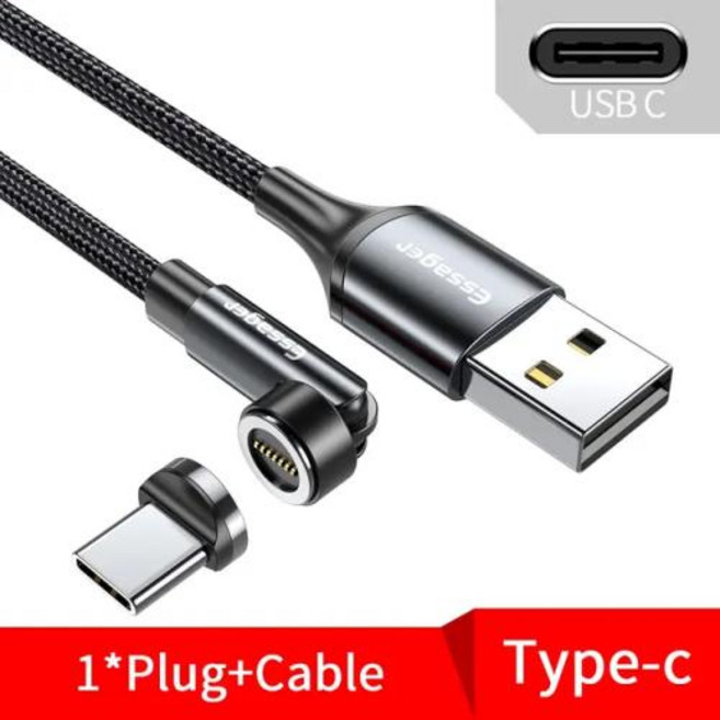 Essager 540 회전 고속 충전 마그네틱 케이블 마이크로 USB C 타입 케이블 아이폰 자석 충전기 전화 데이터 와이어 코드 3A, Grey Type C Cable, 1개, 1m