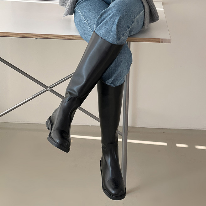 플라틴베이지 베이직 라운드 와이드핏 롱부츠 3cm