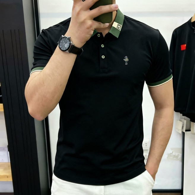 男士短袖翻領Polo衫 修身潮流韓版時尚, 1個, 黑色L 91斤-104斤