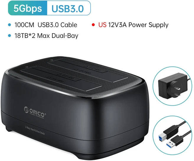 ORICO 듀얼 베이 하드 드라이브 스테이션 USB3.0 5Gbps Type-C HDD 도킹 스테이션(2.5/3.5인치 HDD/SSD용 1, 03 USB3.0 US Plug