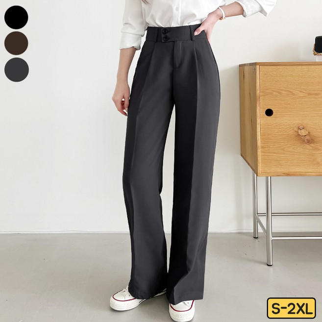 여리진 여성용 뒷밴딩 핀턱 일자 와이드 투버튼 슬랙스 팬츠 바지 빅사이즈까지