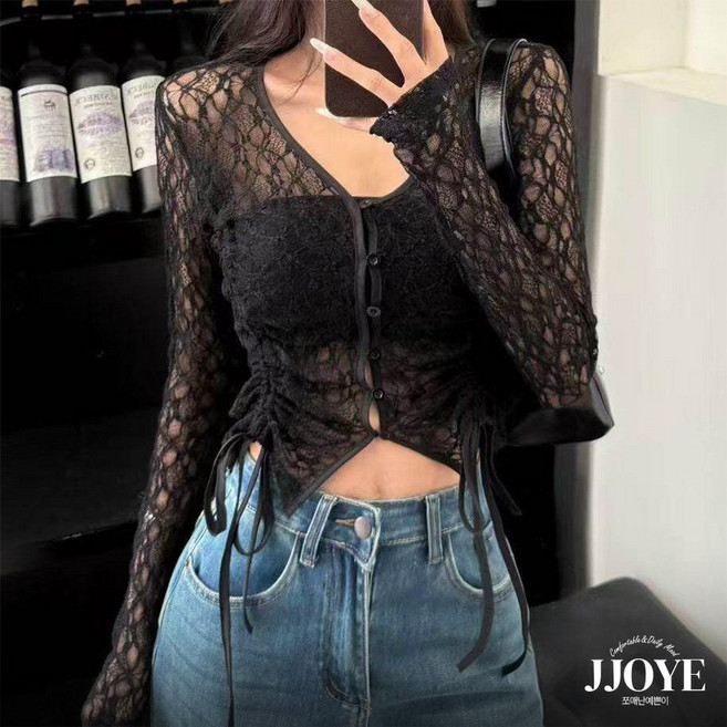 쪼예 글램시크 브이넥 시스루 레이스 셔링 크롭 가디건