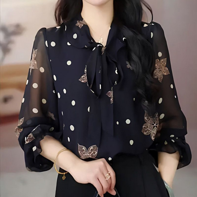 중년 여성 빅사이즈 긴팔 쉬폰 블라우스 봄가을 간절기 엄마룩 리본 프린트 데일리 하객룩 기질 패션 아우터 상의