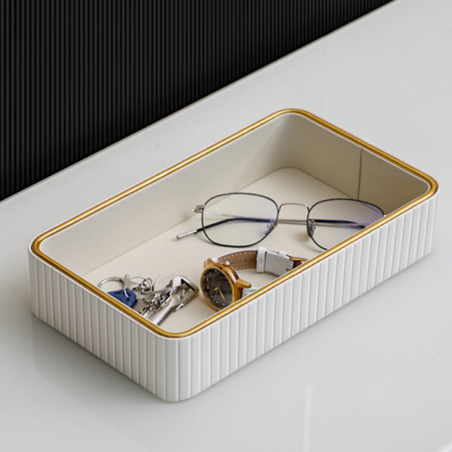 봄앤라이프 고급 가죽 사각 모던 인테리어 트레이, 스트라이프화이트