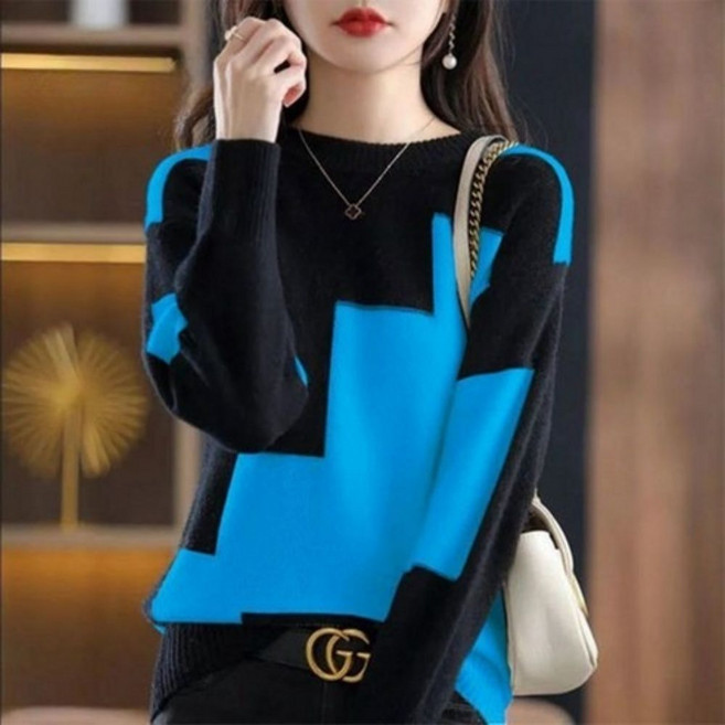 오스틱니 (완전 편한) 2026 날씬해보이는 빅사이즈 여성 라운드 클래식 배색 보송 언밸 리제 니트 티셔츠 가을겨울 무지 루즈핏 간절기 이너 긴팔 기본 검정 큰옷 여성의류