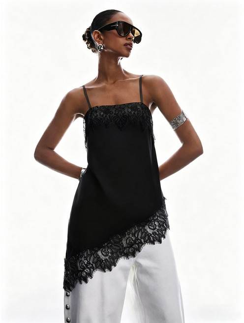 레이스 트리밍 접합 섹시 언밸런스 여성 캐미손 롱 원피스