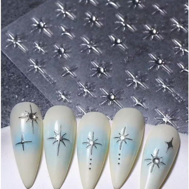 오루셀렉트 | Y2K 크롬 별 네일 스티커 | 큐빅 포인트 도트 디테일 | 반짝이 입체 데칼 | 셀프네일 잉크젤 아트, 1개, 실버
