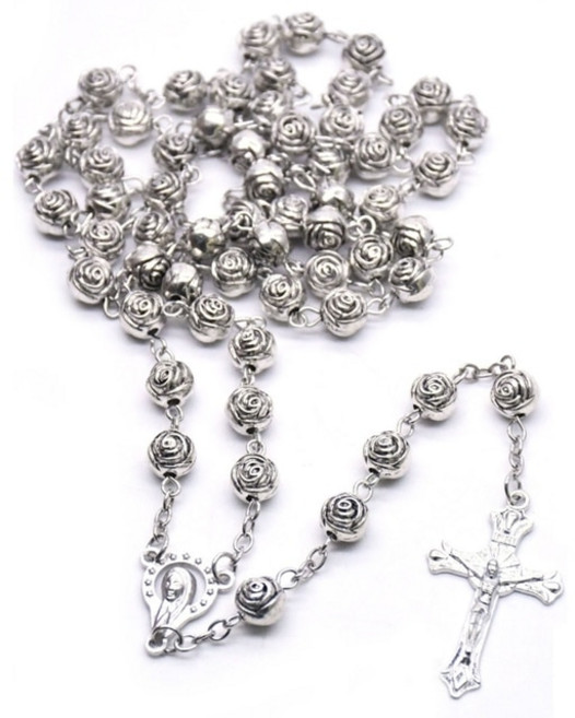 천주교가톨릭 사랑 묵주 기도 목걸이 메리 축복 십자가 펜던트 목걸이 장미 모양의 비즈 긴 체인 패션 쥬얼, 11JJ103369, 1개