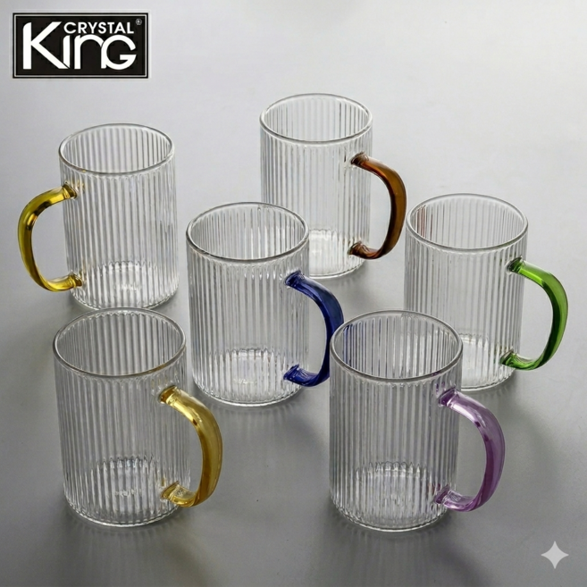 킹크리스탈 컬러 핸들 머그 6P 세트 410ml 집들이선물 내열유리, 6개, 투명