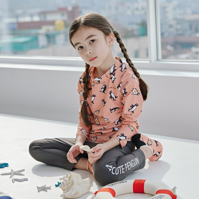 베베샤 유아동 남여아 래쉬가드 상하세트 야자수 펭귄