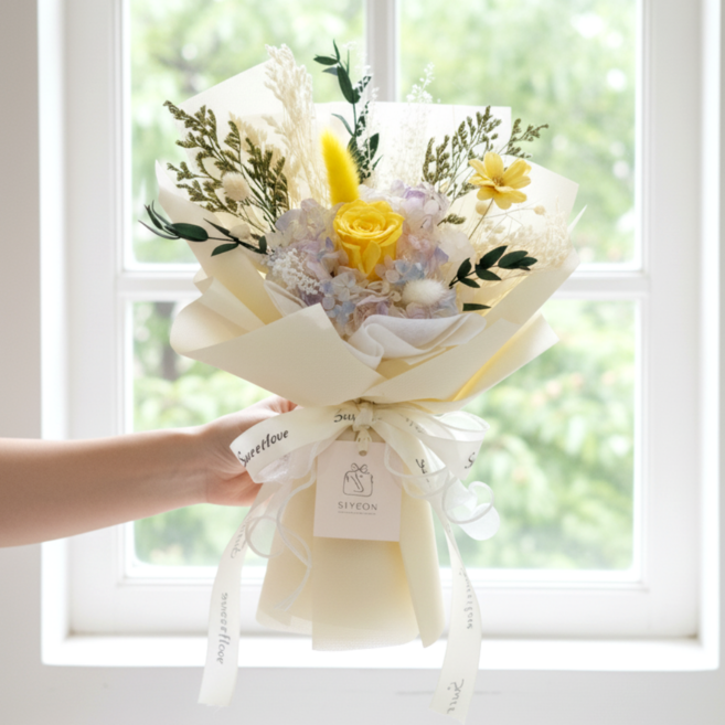 시들지 않는 프리저브드 생화 꽃다발 드라이 플라워 부케 쇼핑백 포함, 써니 옐로우