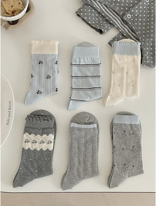 여성 순면 레이스 중목양말 도트 꽃무늬 롱양말 6켤레