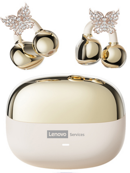레노버 오픈 이어 클립 이어버드 무선 블루투스 이어폰 ENC 노이즈 캔슬링 이어폰 스포츠용 LE302, 베이지 골드 나비 귀걸이, a