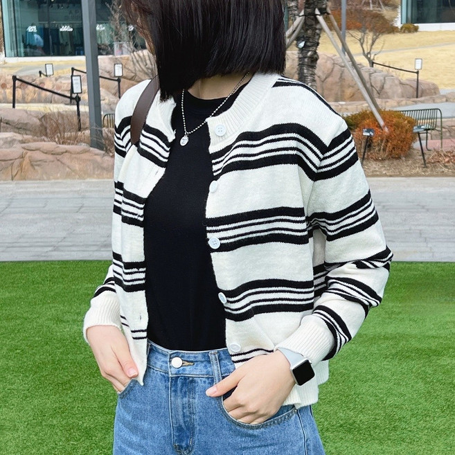데일리 스트라이프 여성 가디건 레이어드 니트 가디건 단가라 라운드 니트