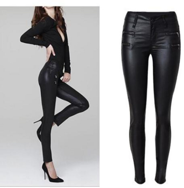 여성 긴바지 가죽 코팅 청바지 여성용 로우 웨이스트 스키니 진 펜슬 팬츠 지퍼 오토바이