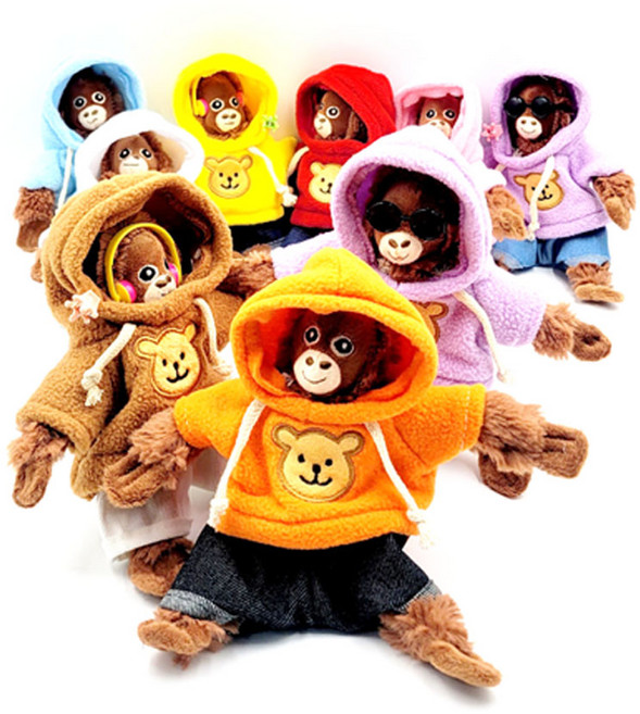 미니 원숭이 오랑우탄 봉제 + 인형 옷입히기 2벌세트 후두티 니트티 배낭 가방 꾸미기 인형키링옷입히기, 1개
