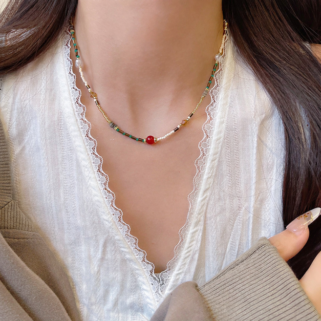 빈티지 비즈 목걸이 진주 믹스 쇄골 체인 by 모리에