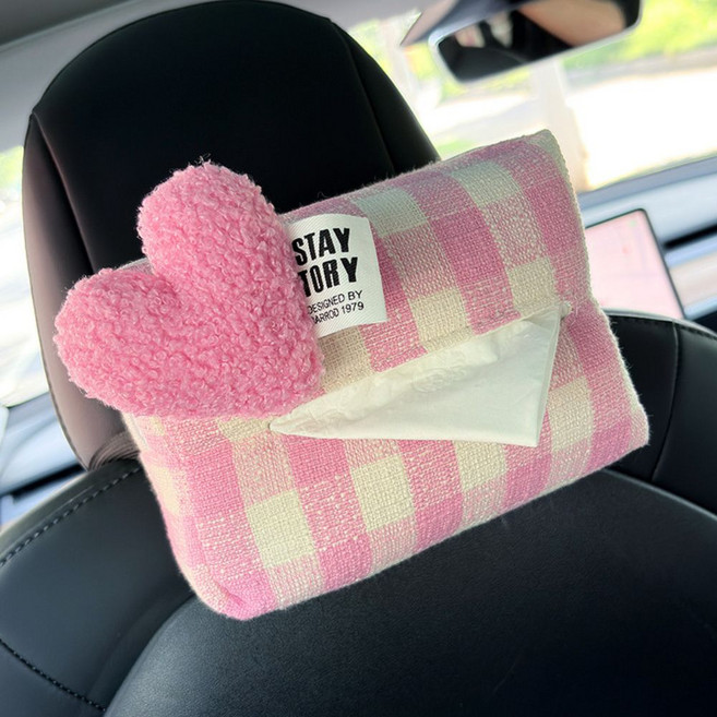 티쯔 차량용 체크 티슈 케이스 암레스트 헤드레스트 화장지 캠핑용 휴지걸이, 하트핑크, 1개