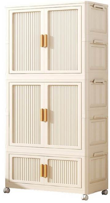 臥室衣櫃 衣服收納櫃 雙開門收納櫃, 摺疊衣櫥 (奶油色門片) 70CM寬, 奶油色門片, 3層