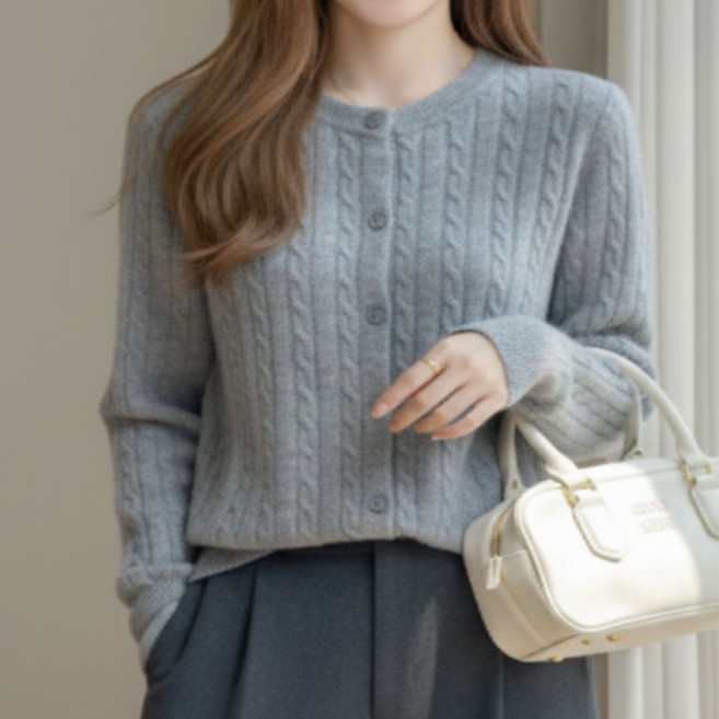 YEON HOME 여성 꽈배기 니트 라운드 가디건 데일리